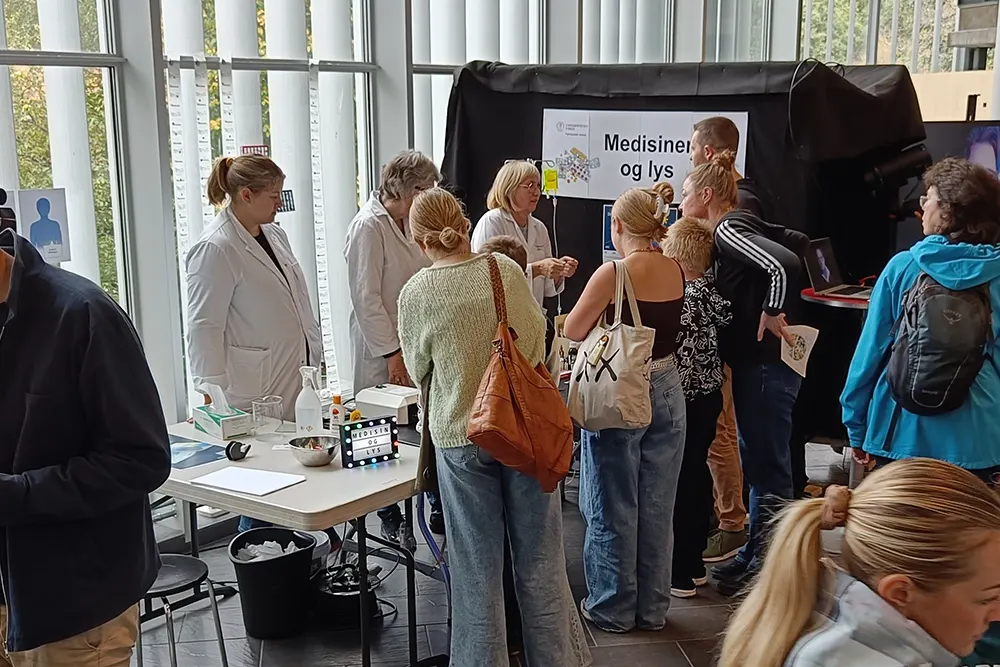 Fire vaksne framfor stande, alle tre forskarane opptekne med kvar si forklaring