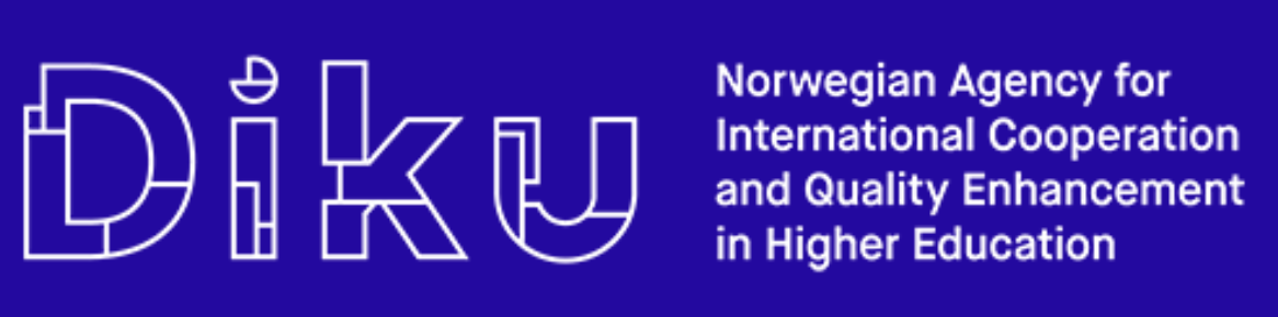 Engelsk logo, hvit tekst med blå bakgrunn, for DIKU, Direktoratet for internasjonalisering og kvalitetsutvikling i høyere utdanning.
