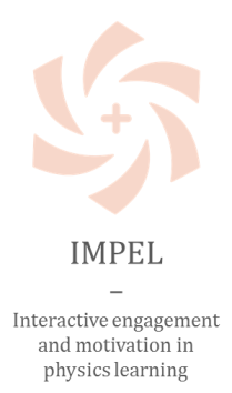 Logo som ser ut som et skovlhjul. Teksten IMPEL - Interactive engagement and motivation in physics learning