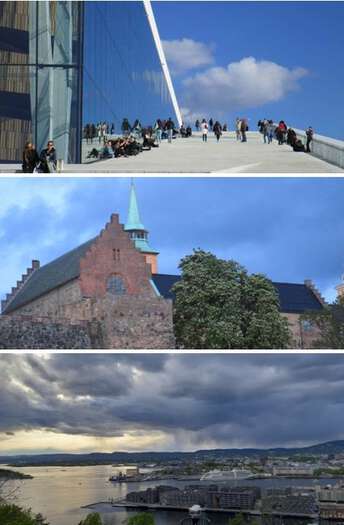 Photo Highlights from Oslo. From the top: the Oslo Opera House, Akershus Fortress, and at the bottom the view of Oslo harbour from Ekebergåsen. Photos: Tjoflot/UiO