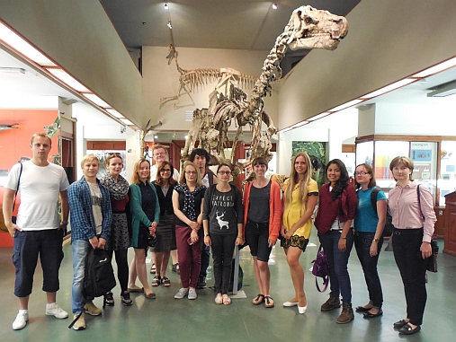 The 2015 Summer school group at the Natural History Museum with course leader Dr Carmen Gaina and Prof Hans Arne Nakrem. Photo: Aliaksei Patonia.