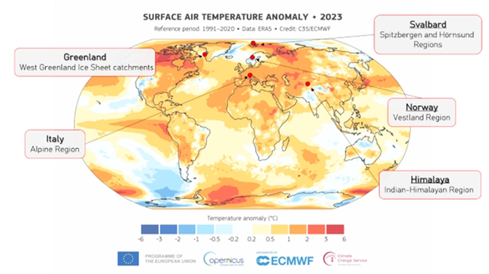 Figure: The selected glaciers highlighted in the figure will be analyzed in the context of temperature anomalies from 2023 based on Copernicus data. Figure: The LIQUIDICE Team.