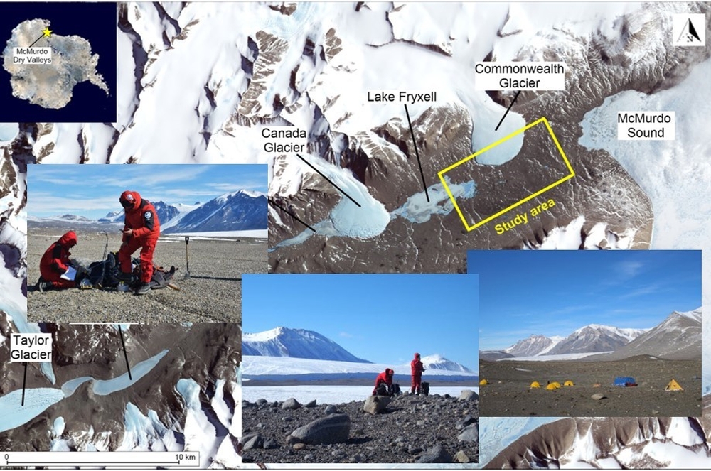 Photomontage: Different photos and sitemaps from the studies and work carried out of the research team from the SENECA project investigating greenhouse gasses emissions in The McMurdo Dry Valleys, Antarctica. Image/illustration: The SENECA project team