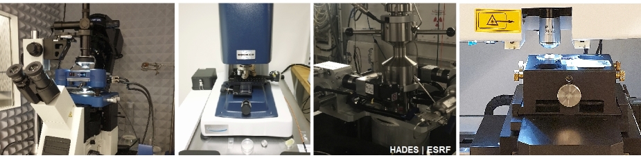 The Atomic Force Microscope –Nanowizard/JPK; the white light interferometer profilometer – ContourGT/Bruker; The HADES apparatus/ ESRF /Grenoble, France, and the Nano Indenter G200X instrument. Photo: Yi Hu
