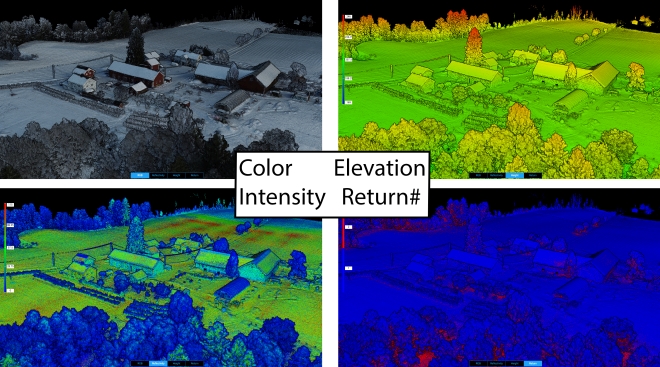 Lidar images: Data from the DJI L1 LiDAR system over a farmstead in Eidsvoll, January 2022. Drone operated by John Hult and Luc Girod. 