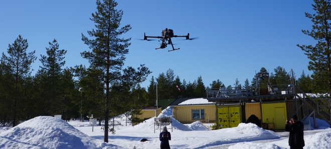 One of the drones in the infrastructure, a Matrice 300 RTK equipped with the DJI L1 LiDAR system taking off in Sodankylä, Finland, piloted by Clare Webster. Photo: Cassie Lumbrazo