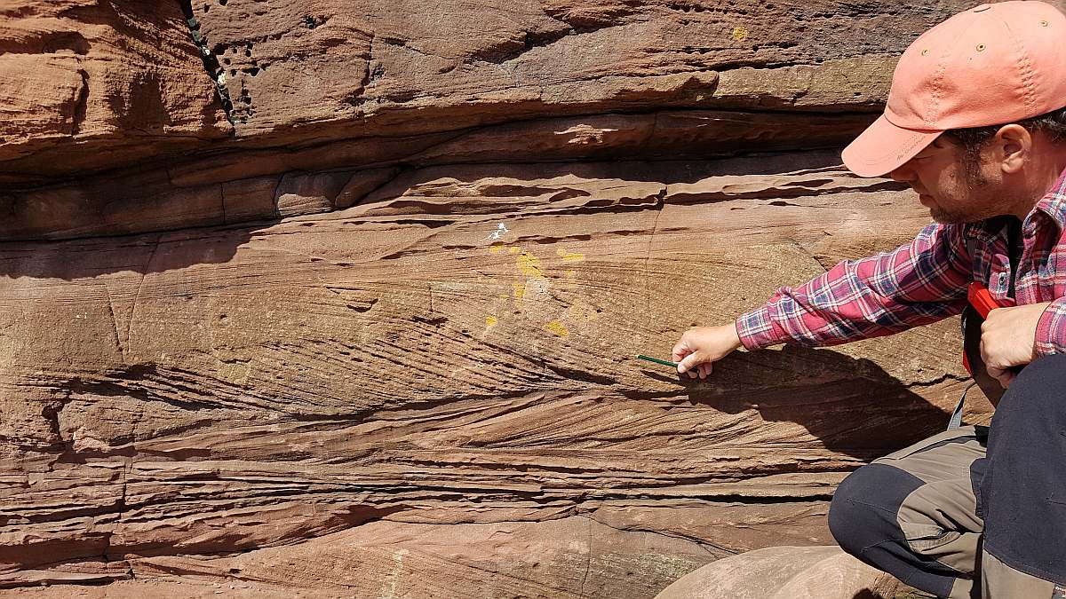 Image A geologist studying sedimentary structures in the field. Photo: Lars Eivind Augland, UiO