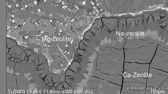 Coronas_Na_and_Mg_zeolites_around_Ca_zeolite grain_590px. Image: Max Meakins via SEM/Goldschmidt Lab`s Infrastructure