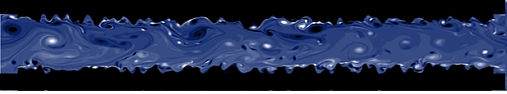 Figure: Lattice Boltzmann model of fluid flow in a rough channel at Reynolds number 10,000 using 50 million grid points. Color scale illustrates vorticity. Eddies nucleate at the rough fluid-solid Interface.