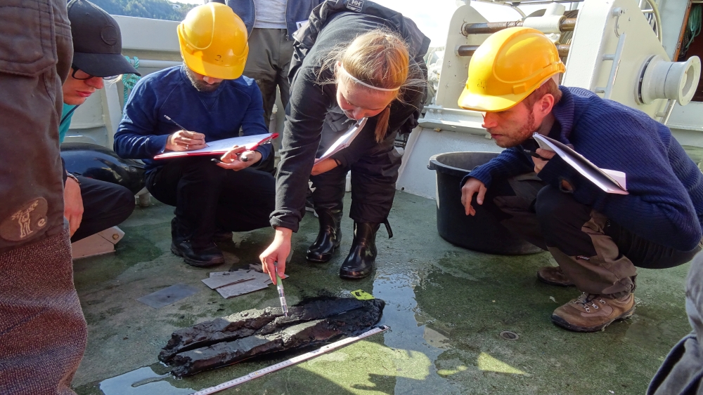 Inspeksjon av en sedimentkjerne på universitetets fartøy F/F Trygve Braarud i indre Oslofjord. Foto: Silvia Hess