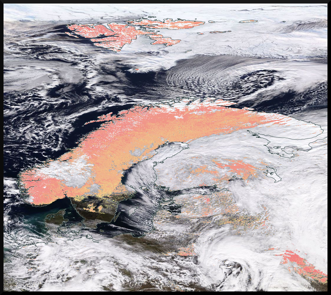 MODIS satellite image showing the snow cover over Scandinavia on 11 March 2019 (NASA Worldview).