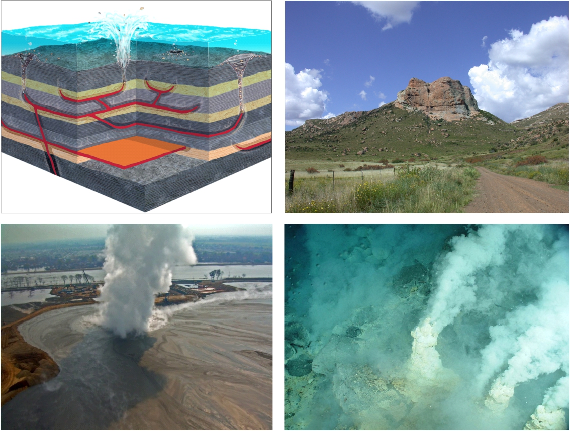 Photo collage: figure and geological sites in focus of the research in the HOTMUD-project. Photos: HOTMUD