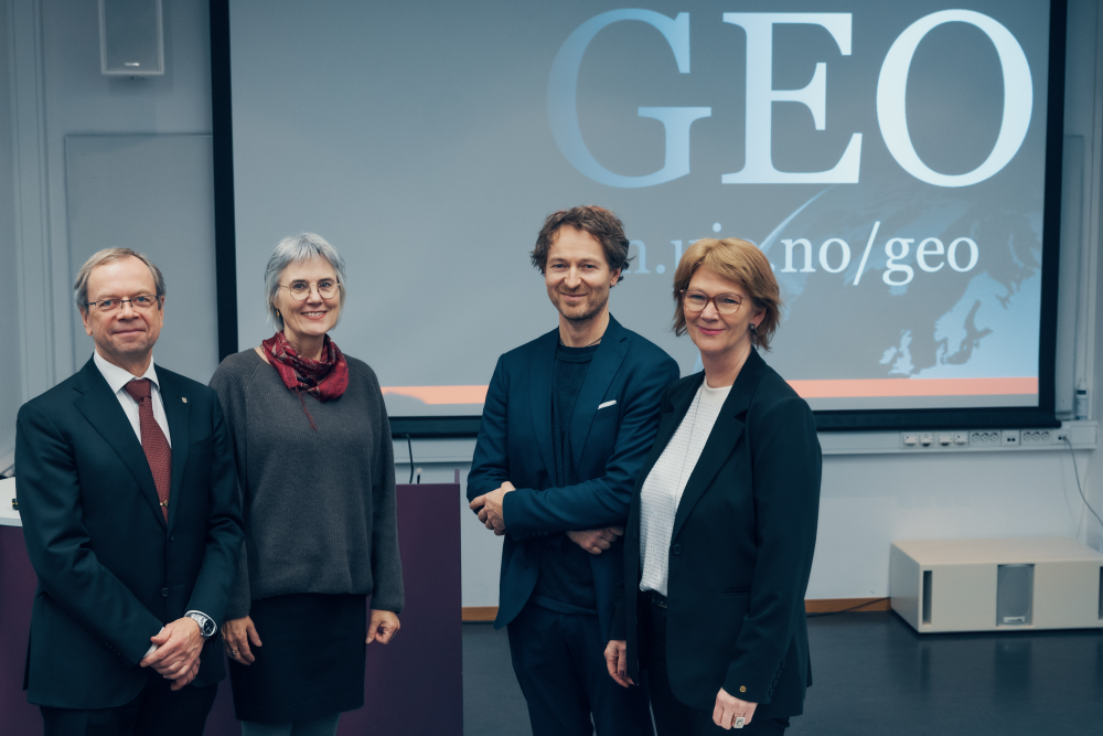 Photo: Official opening of VICCO – one of two new VISTA centres in 2024. From left: VISTA Chair Kenneth Ruud, Vice-Rector at UiO Mette Halskov Hansen, VICCO's leader Henrik H. Svensen, and President of the Norwegian Academy of Science and Letters Lise Øvreås. Photo: Ilja C. Hendel/DNVA
