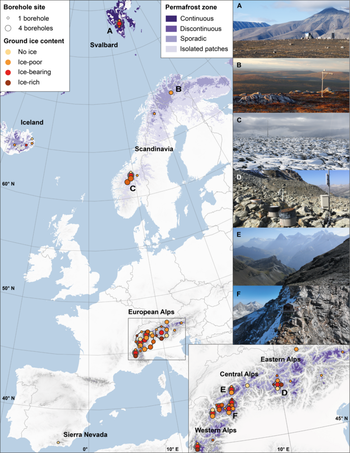 Figure: Overview of the analysed sites in European permafrost mountains. Graphic: Noetzli et al. 2024, Nat. Commun.