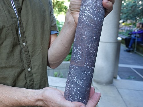Photo: A core sample showing basalt from the Oslo Graben. The light patches consist of calcite—a mineral that contains bound CO2. Such samples can teach us a lot about how volcanic rocks can bind CO2. The sample is displayed by Henrik H. Svensen. Photo: Gunn Kristin Tjoflot.