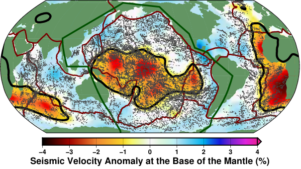 The figure shows the two regions of the mantle where seismic signals travel unusually slowly. Conrad and Domeir discovered that these two regions are connected to the formation of seamounts at the surface (shown by dots). Figure: Clint Conrad