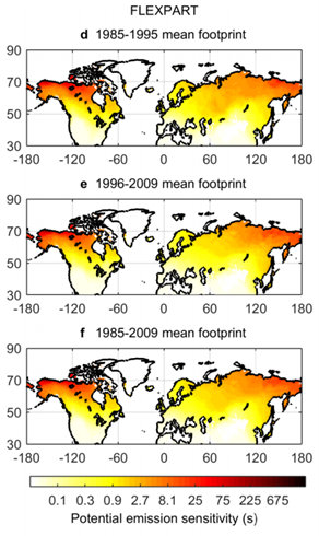 Mean seasonal Potential Emission Sensitivity (PES) plots for Barrow during the Spring period for d) the earlier period of data 1985-1995, e) 1986-2009, and f) for the full period of data 1985-2009. Figure; Reseach team.