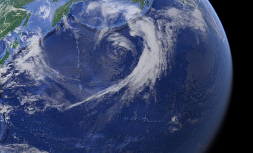 The Hawaiian-Emperor Bend:  This picture taken of satelitte show the bend as a small pattern on the surface. Photo: Google Earth, NOAA, US, NGA; CEBCO; Landsat / Copernicus