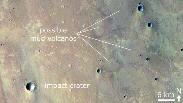 Image: Mars view of the Chryse Planitia region, where there are features on the surface that are interpreted as mud volcano-like structures. DLR/FUB/ESA, CC BY-SA 3.0 IGO.