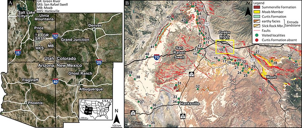 Fig. 1 – The COTEC project will mainly focus on the Little Grand Wash Fault south of Green River, Utah, USA (see yellow square), in the vicinity of the San Rafael Swell Monocline (Modified from Zuchuat et al. 2019a).