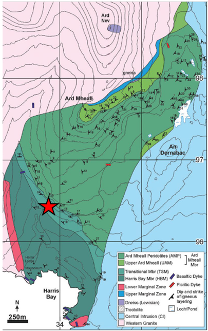 Geological map of the Western Layered Intrusion of the Isle of Rum (after Hepworth et al., 2018) and location of the sampling point marked by the star.