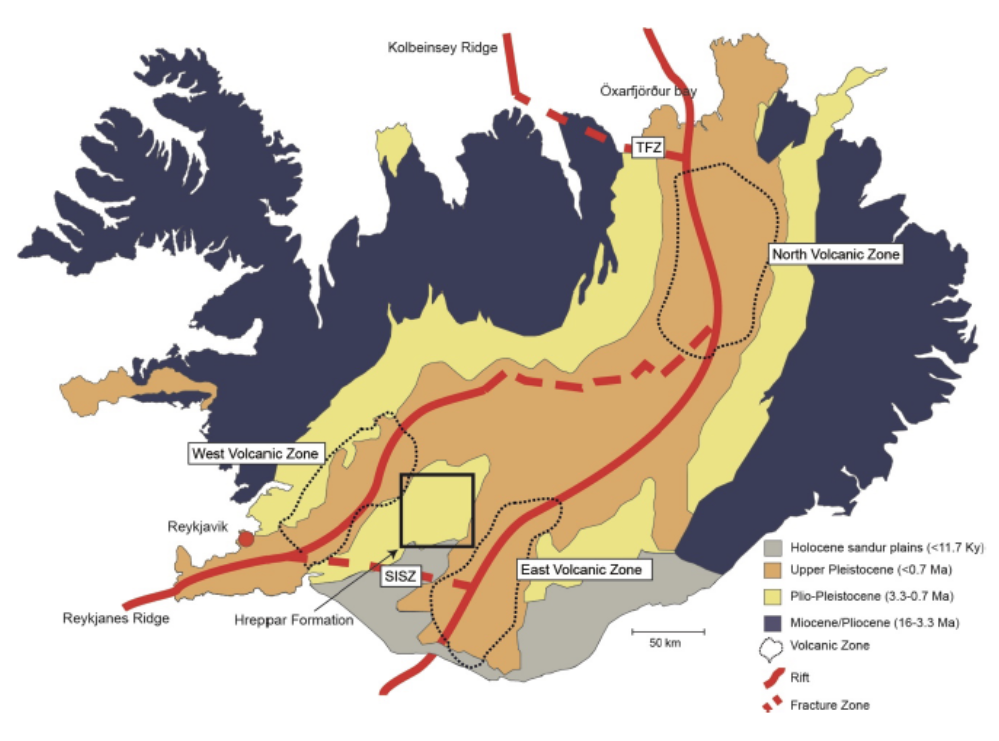 A geological map of Iceland where the samples are in the South West