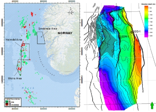 Figure: Map showing three potential CO2 storage sites of Smeaheia, Heimdal and Utsira in the North Sea (left). The depth map of the Sognefjord Formation (the main sandstone reservoir in the Smeaheia area, Source: Gassnova) based on a combination of the low density 2D seismic and high density 3D seismic interpretations (right).