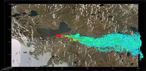 Large eddy simulation of particle dispersion from a hypothetical point source at Finse, Hardangervidda Mountain Plateau/Norway. Figure: Project-team
