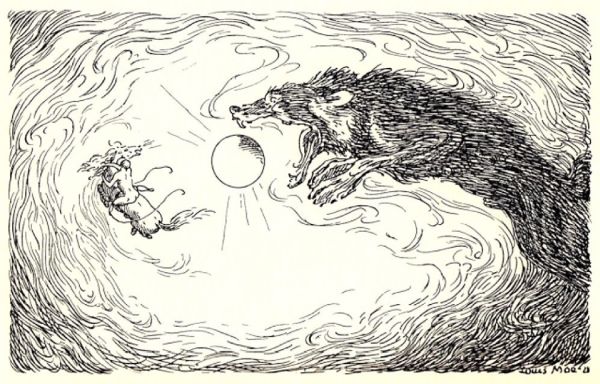 Fenrisulven sluker sola i denne tegningen av den norske maleren Louis Moe, Illustrasjon; Louis Moe