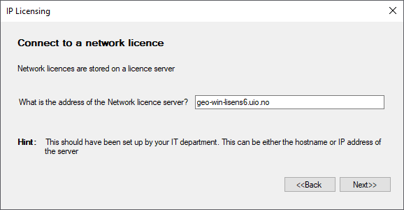 Enter `geo-win-lisens6.uio.no` and press `Next>>`.