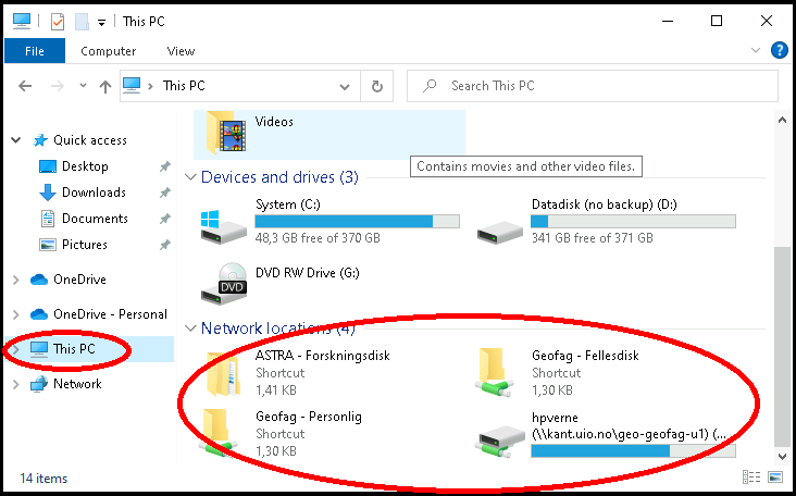 Screenshot av Windows Exporer showing shortcuts under "This PC"