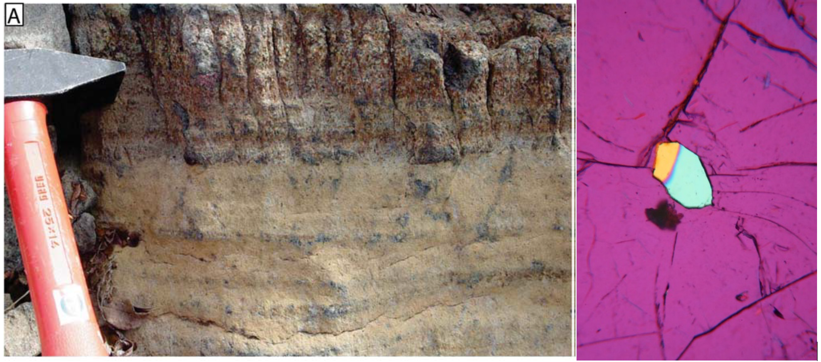 A geological hammer is shown as a reference next to a sediment layer of garnet peridotite