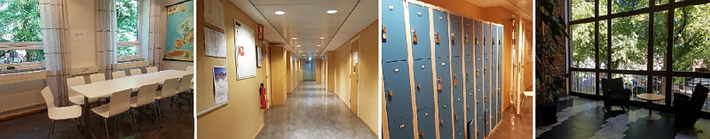Pictures from the 2nd floor of the ZEB building where the MSc students in geosciences have a reading room desk. From left; the break area, the hallway, and the stairwell. Photo: GKT/UiO
