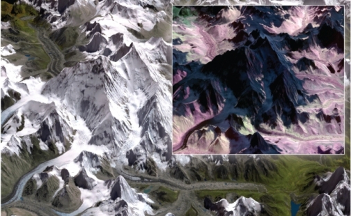 \Bilde av Mount Everest og Khumbu brefallet (til venstre i bildet) i et grønt-rød-nær infrarød ASTER satellittbilde. Snø og is er gjengitt i hvitt som også vi mennesker ser det. Innsnitt til høyre: Del av isbre/fjell sett med et satellittbilde som måler infrarøde stråler som avbilder snø og is i mørke farger. Figur: A. Kääb