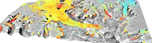 3D visualisering i forskning: En 3D-representasjon av Daugaard Jensen breens høydeendringer fra 1987 til 2014. Bildet er fra 1987 ortofoto og høyde endrer farge. Skalaen går fra 1 til 0,5 meter per år . Data og forskjeller er beskrevet i Scientific Data (Korsgaard, Nuth et. al. 2016)