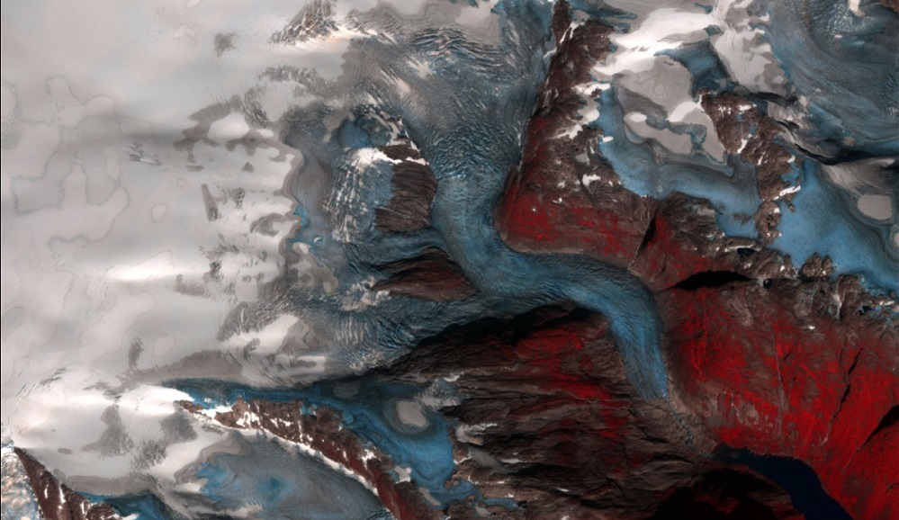 Sentinel-2-bilde som viser Tuftebreen, Nigardsbreen og deler av Jostedalsbreen, 27. august 2019 i falske farger. Vegetasjon blir her farget rød. Isen vises i blått og sprekkene synes godt. Høyere opp er det fortsatt hvit vintersnø igjen. Foto: Sentinel Copernicus