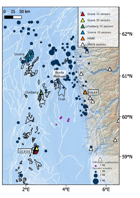 Figure over seismic events within the Norwegian section of the North Sea, spanning from 23 May 2020 to 19 March 2021, Figure: Jerkins et al (2023)