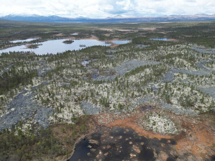 Photo: Aerial view of ribbed moraines in Sømåkvolvet, Central-Eastern Norway. The moraines are characterised by the paler vegetation, and interspersed with blocky material and peat bogs. This is characteristic of a central-Scandinavian ribbed moraine field. Photo: Thomas Barnes.