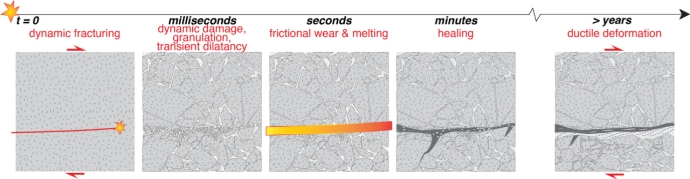 Figure: Conceptual sketch of the time-lapse processes related to the dynamic rupture propagation of an earthquake.  Photo and illustration credit: Stephen Michalchuk