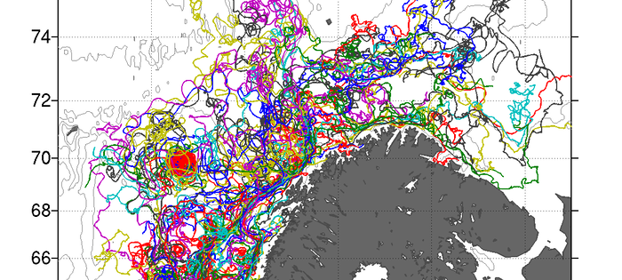 Figur: Poleward-drift trajektorier ved kysten utenfor Nord-Norge. Figur: Inga Koszalka, UiO