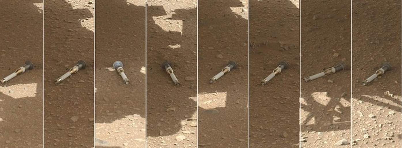 Foto: MARS: Prøvebeholdere av NASAs Perseverance Rover avsatt på overflaten av Mars på en lokasjon kalt Three Forks Depot. Prøvene er lagret i 38 metallrør, og er planlagt å returneres til jorden i fremtiden. Foto/kreditt: NASA/JPL-Caltech/MSSS