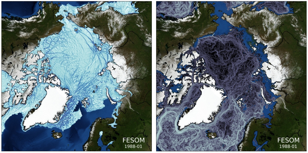 Figur: Et øyeblikksbilde av (venstre) haviskonsentrasjon og (høyre) strømhastighet på 100 m dyp i det nordlige Nord-Atlanterhavet og arktiske hav modellert i en koblet hav-havis-modell (FESOM-FESIM; Wang et al. , 2018).