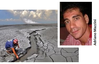 Adriano Mazzini ved Lusi-vulkanen som har hatt utbrudd siden 2006. Foto: LUSI-Lab-teamet. Portrett foto: Privat.