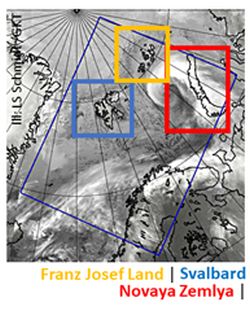 Three areas are investigated for runoff of meltwater from land-based glaciers to the Barents Sea