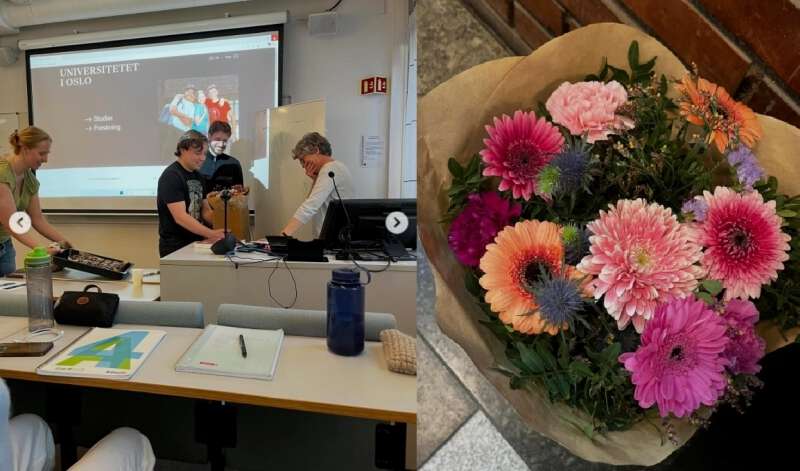 På siste forelesningstime på emnet GEO2140 fikk Valerie overrekt blomstrer, kake og et kort med hilsen fra alle studentene i emnet. Foto: Studentene/GÆA