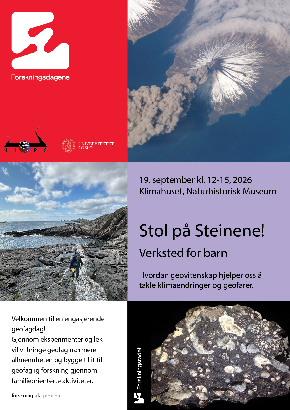Plakaten for Stol på Steinene! arrangementet på Forskningsdagene 2026. Plakat: Forskningsdagene.no og Helle Munthe-Kaas/NJORD