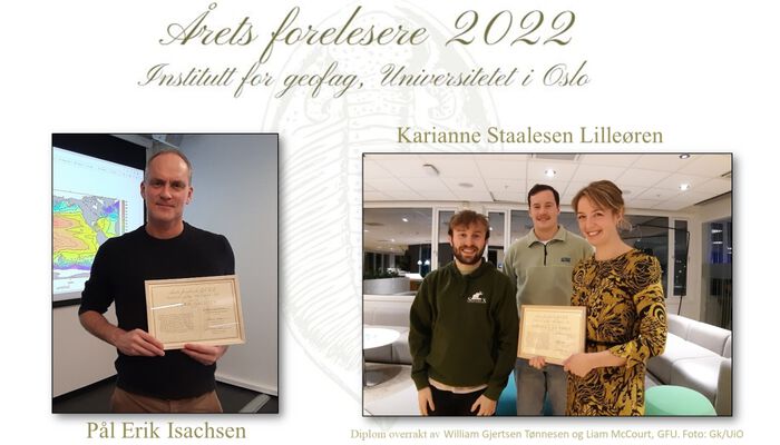 Foto: Årets forelesere: Pål Erik Isachsen og Karianne Lilleøren ble årets forelesere for 2022 ved Institutt for geofag, kåret av studentene/GFU. Foto: Gk/UiO