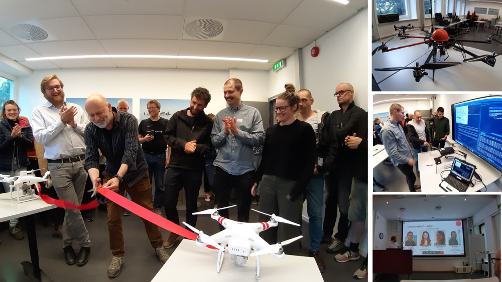 Den oppgraderte droneinfrastrukturen ved Institutt for geofag ble åpnet med klipping rød snor av instituttleder Bernd Etzelmuller etter seminar/launch fredag 3. juni. Foto: Gunn Kristin Tjoflot, UiO
