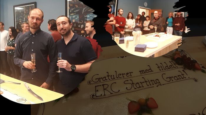 Foto: Glade ERC vinnere: På det største innfelte bildet er Norbert Pirk til høyre, og Paul Yves Jean Antonio til venstre i bildet. Det lille innfelte bildet er av Bernd Etzelmûller, instituttleder ved Institutt for geofag som holdt tale for de to ERC-vinnerne. Foto: Gunn Kristin Tjoflot/UiO