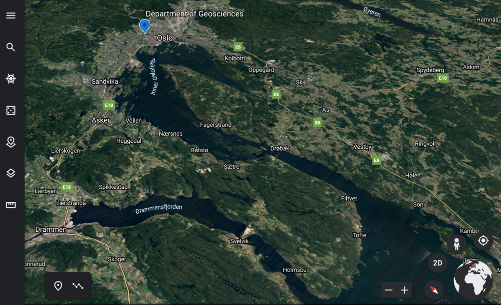 Oslo sett av Google Earth; ein "geobrowser" som kan gje mange moglegheiter i klasserommet. Illustrasjon: Satellittbilete/Google 